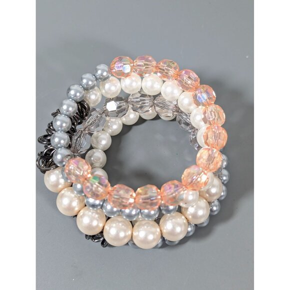Pink Gray Faux Pearl Beaded Coil Bracelet Gray Metal Chain Wide 7.5" - Picture 2 of 9